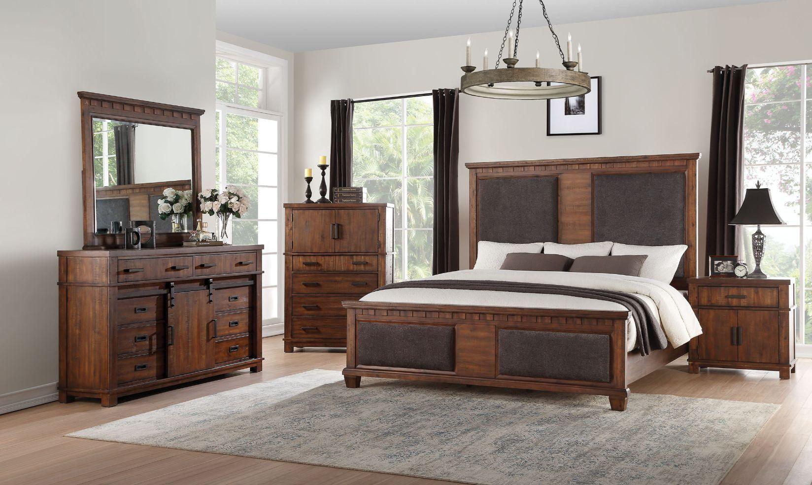 ACME - Vibia - Queen Bed - Brown Fabric & Cherry Oak - 5th Avenue Furniture