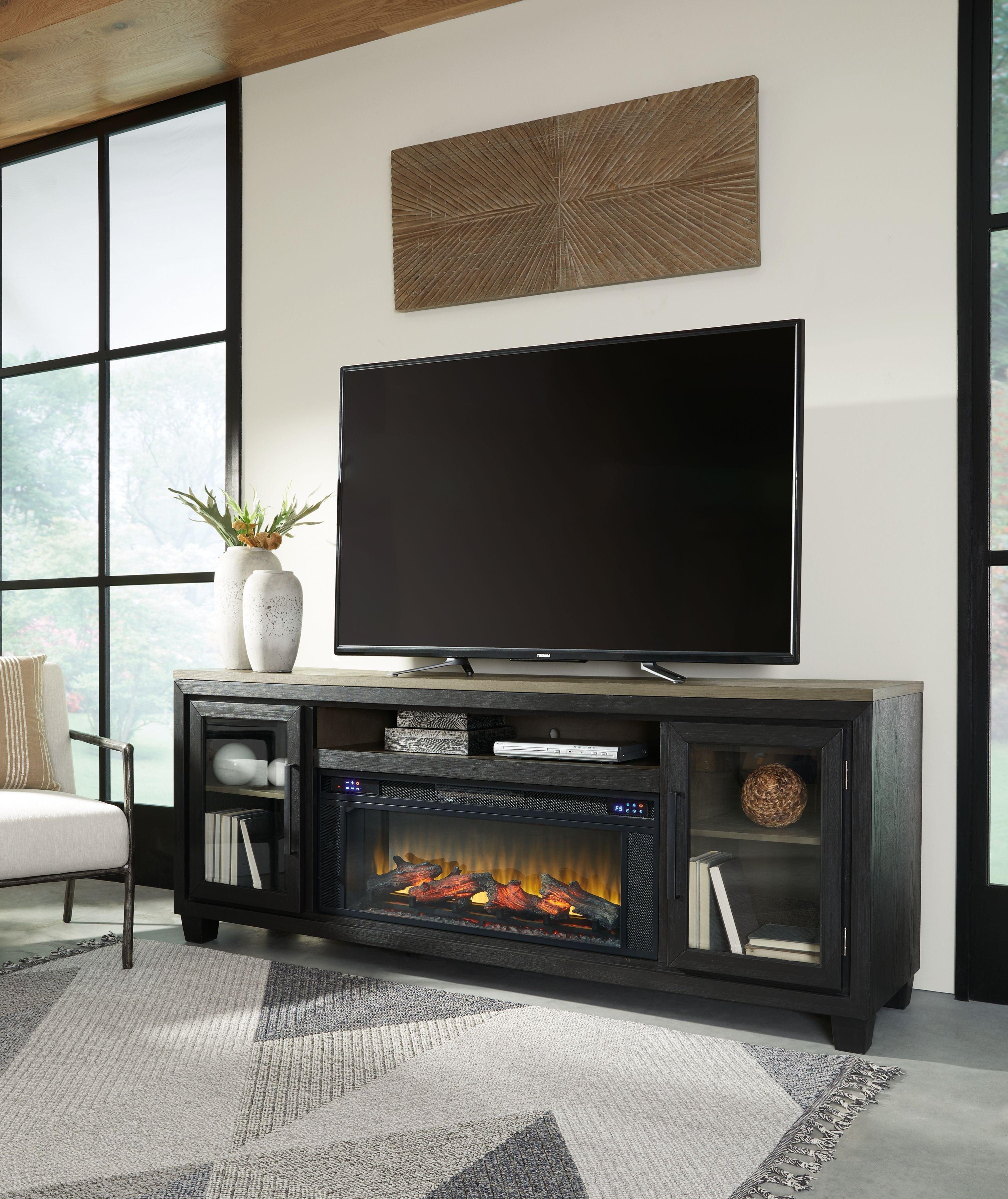Signature Design by Ashley® - Foyland - Black / Brown - 83" TV Stand With Electric Infrared Fireplace Insert - 5th Avenue Furniture