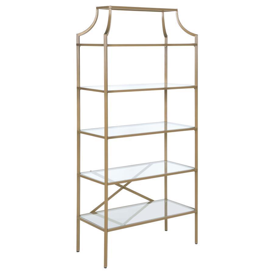 CoasterEssence - Serena - 5-Tier Tempered Glass Shelves Bookcase - Matte Gold - 5th Avenue Furniture