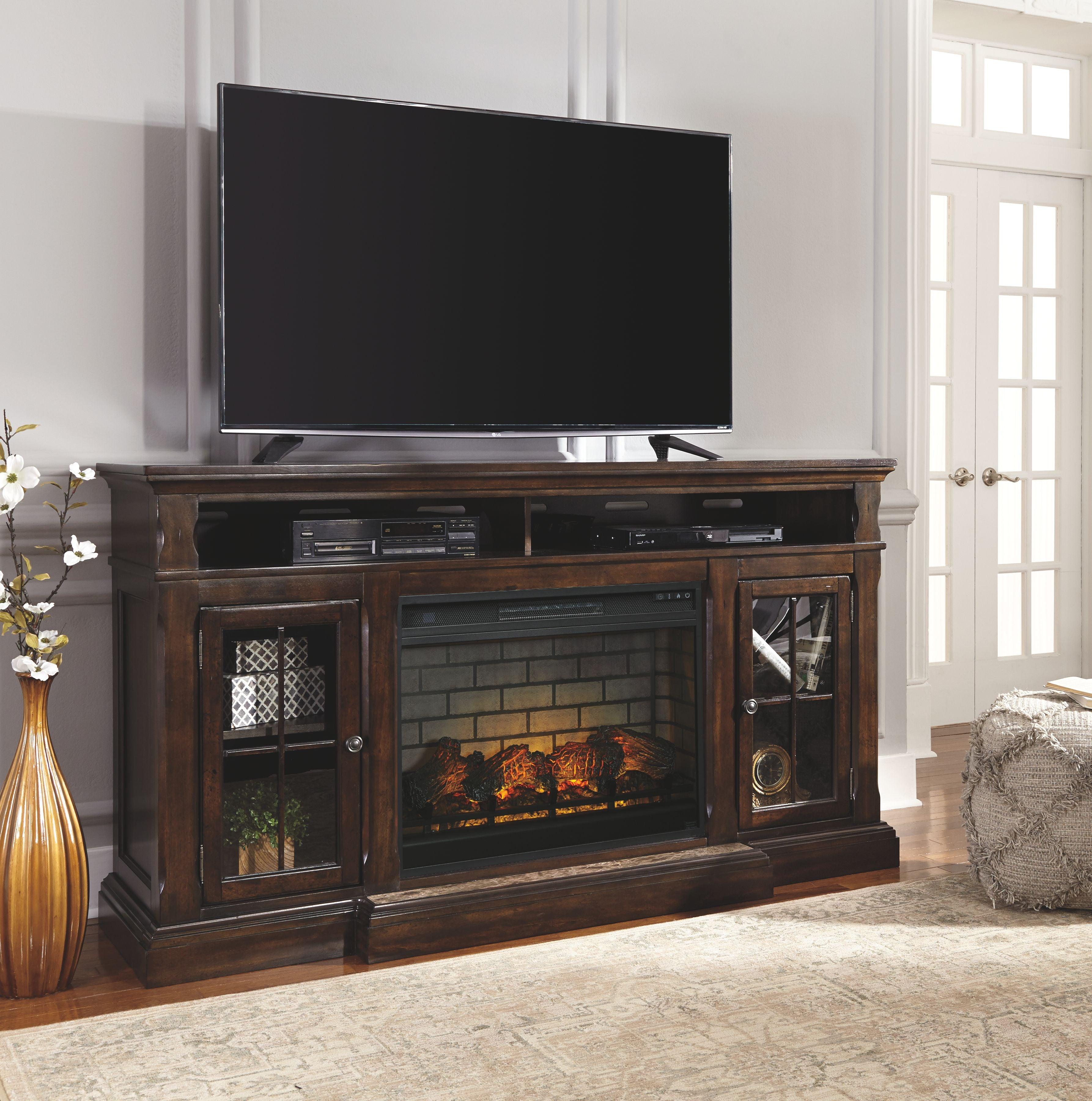 Signature Design by Ashley® - Roddinton - Dark Brown - 2 Pc. - 74" TV Stand With Electric Infrared Fireplace Insert - 5th Avenue Furniture