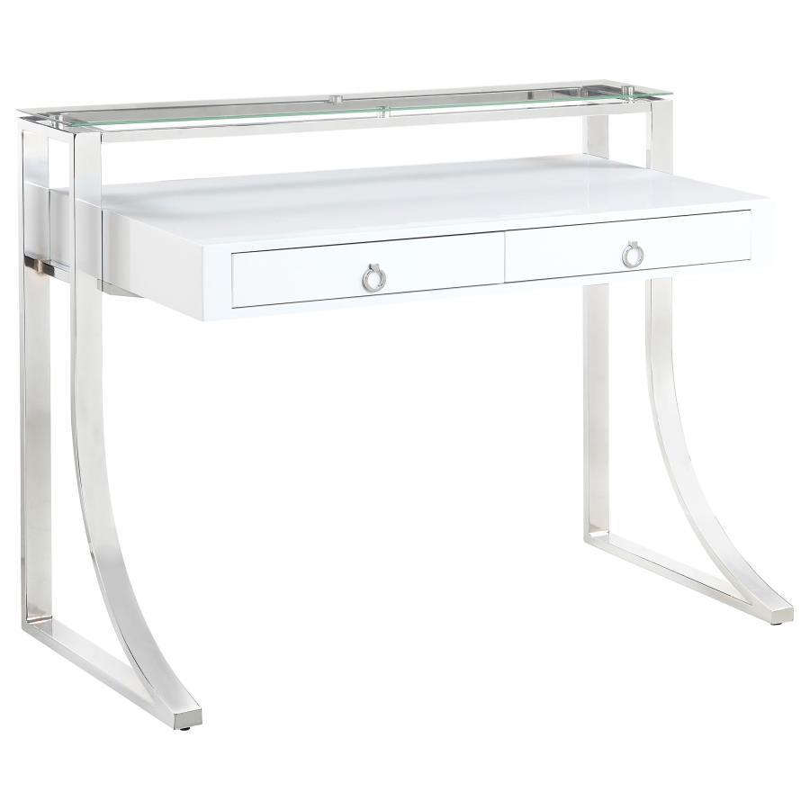 CoasterEssence - Gemma - 2-Drawer Writing Desk - Glossy White And Chrome - 5th Avenue Furniture