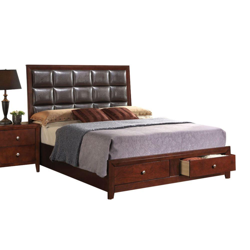 ACME - Ilana - Queen Bed - Brown PU & Brown Cherry - 5th Avenue Furniture