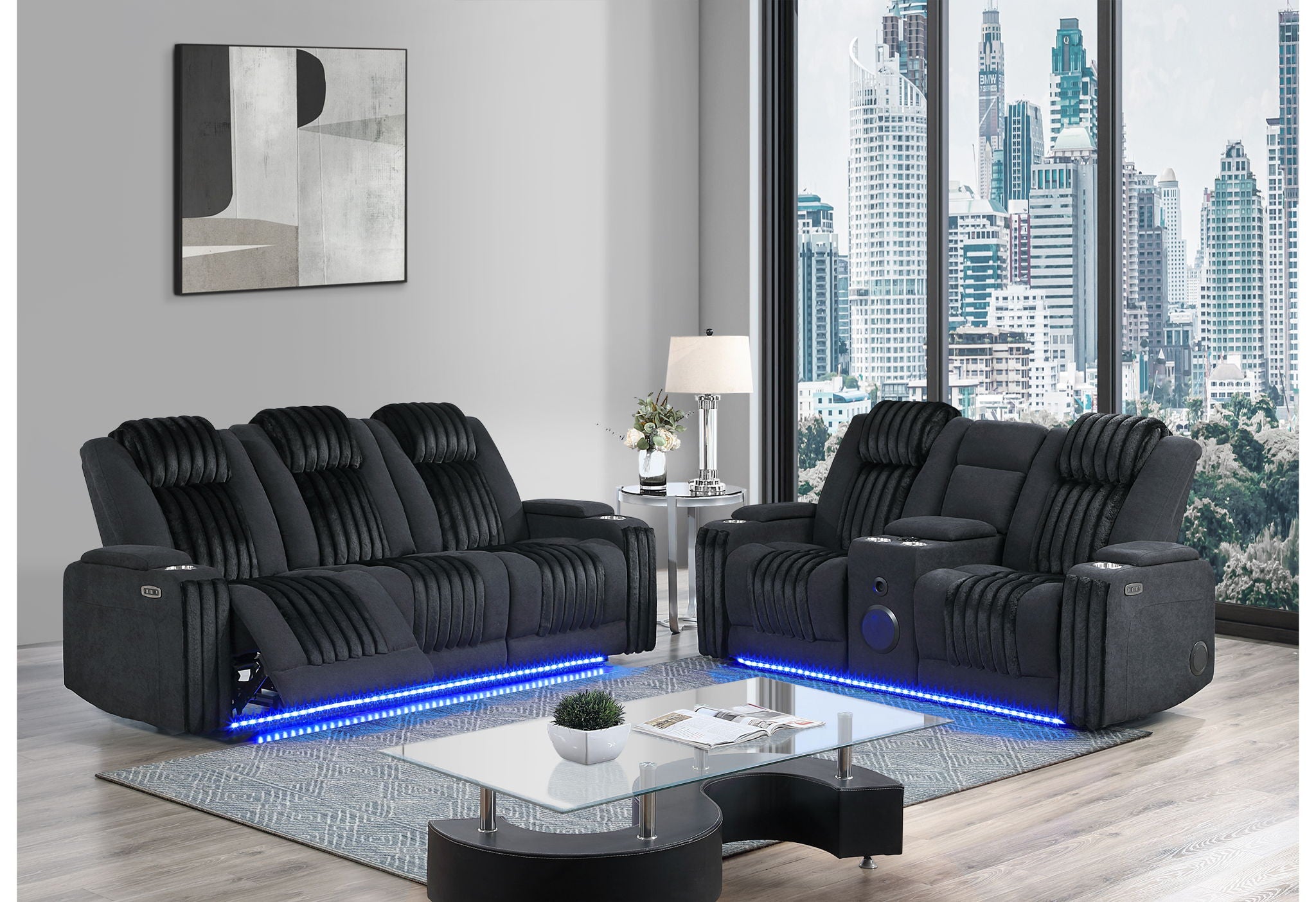 U8000 - 2 Piece Living Room Set (Power Console Reclining Loveseat, Power Reclining Sofa With Power Headrest) - Black