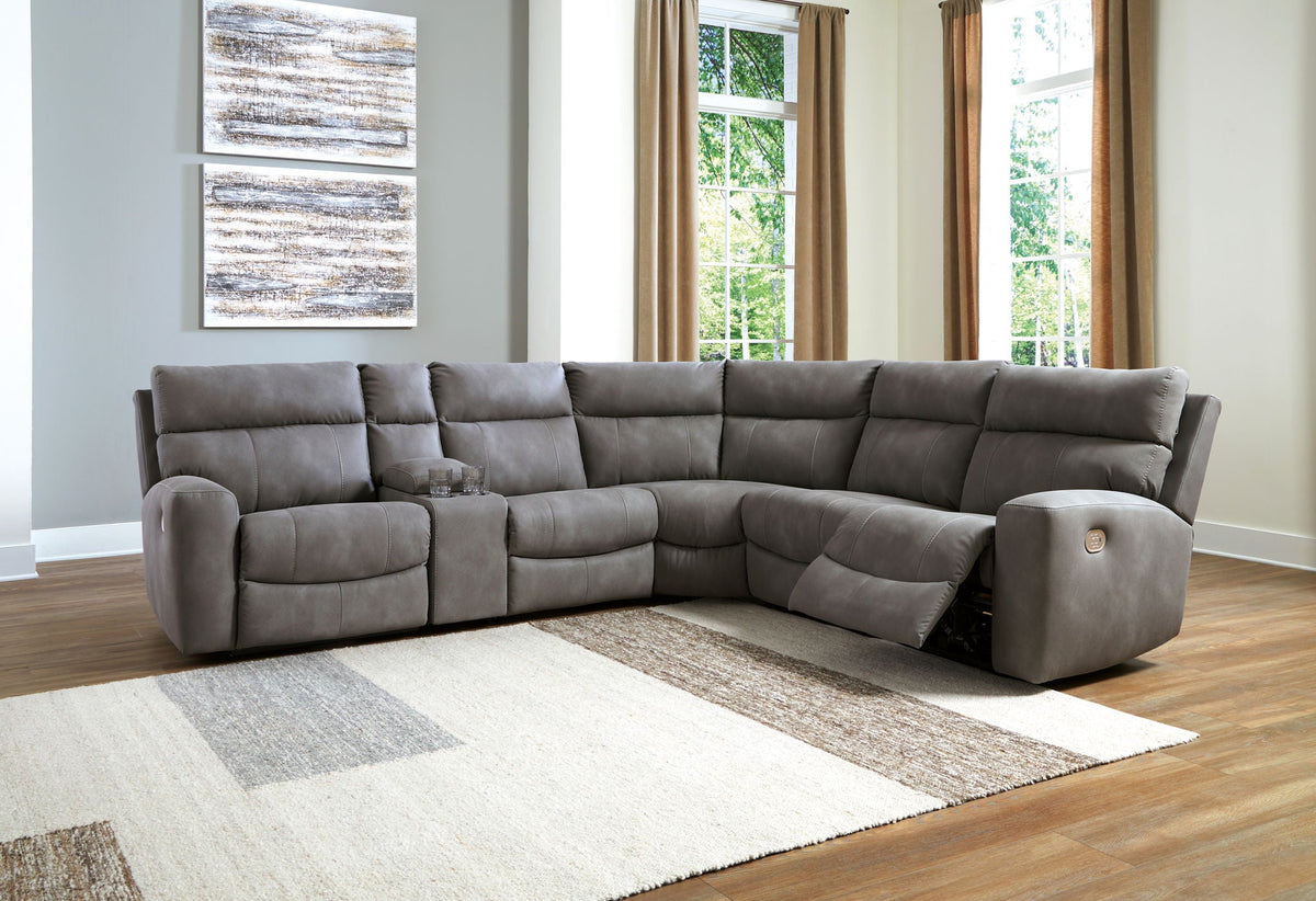 Next-Gen DuraPella Slate 6-piece sectional in a living room with one recliner extended
