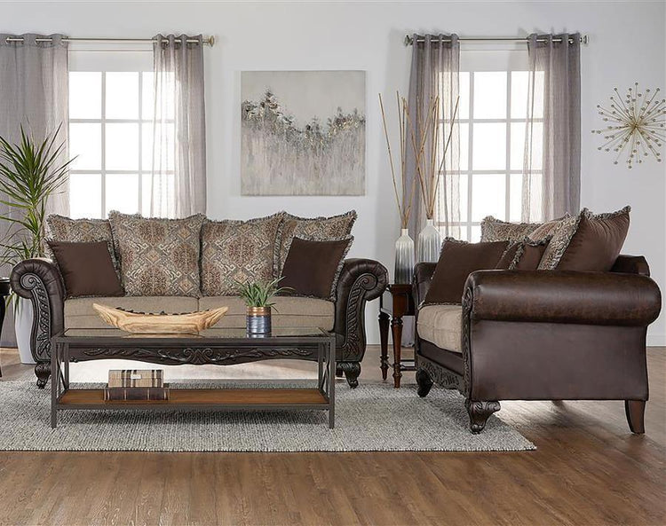 Coaster Fine Furniture - Elmbrook - Upholstered Rolled Arm Sofa Set With Intricate Wood - 5th Avenue Furniture