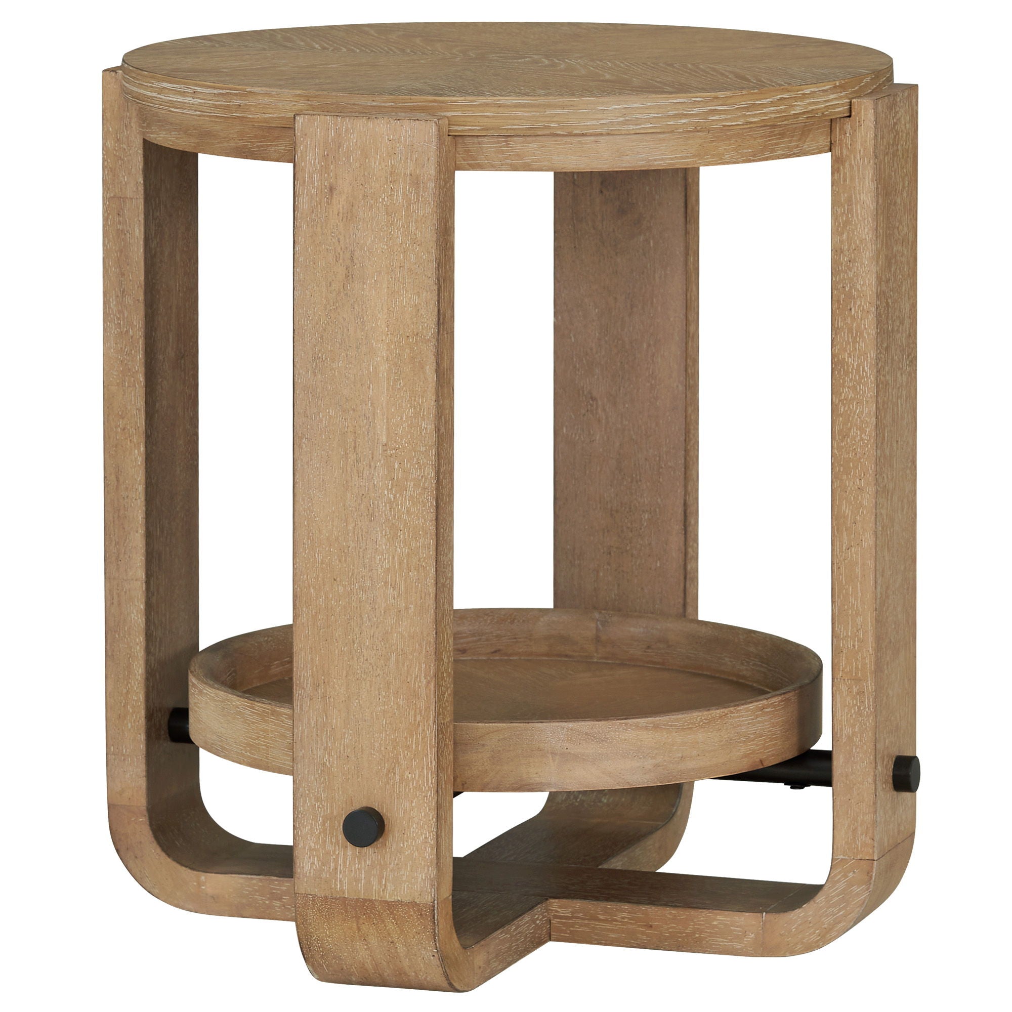 Escape - Round End Table With Shelf - Glazed Natural Oak Black Metal Trim