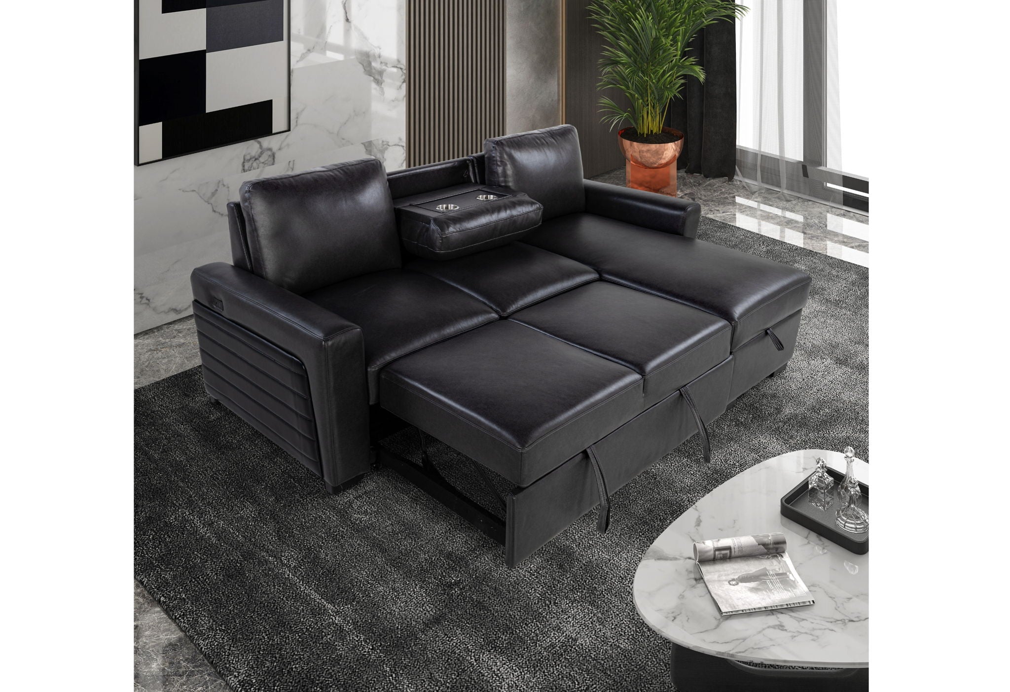 U1830 - Sofa Bed With USB And Drop Down Table - Black / Charcoal