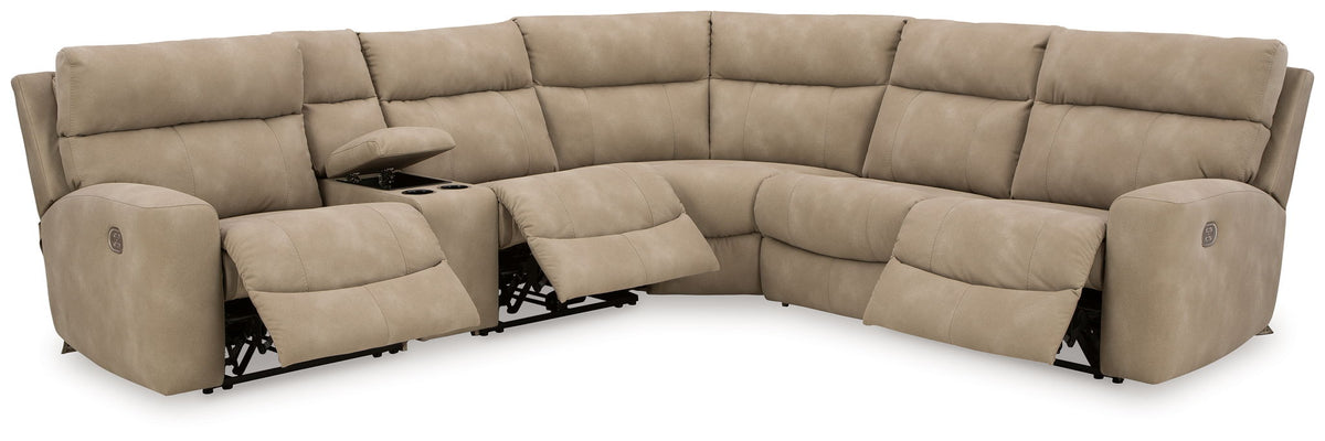 Next-Gen DuraPella Sand 6-piece sectional with all three reclining footrests extended