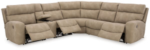 Next-Gen DuraPella Sand 6-piece sectional with all three reclining footrests extended