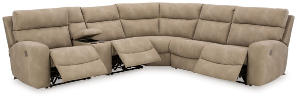 Next-Gen DuraPella Sand 6-piece sectional with all three reclining footrests extended