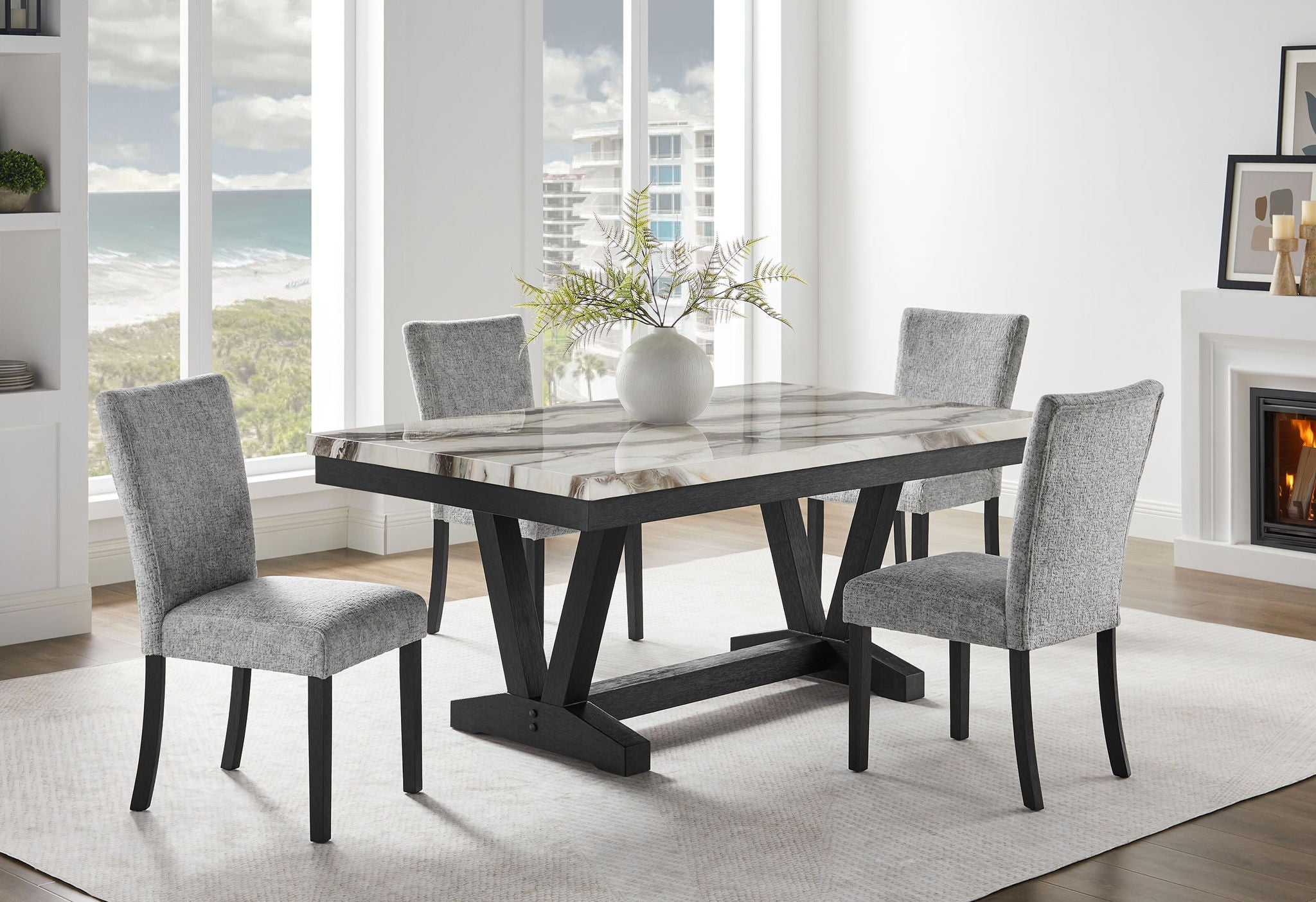 D1319 - 7 Piece Dining Room Set (Dining Table And 6 Dining Chair) - Black / Light Gray