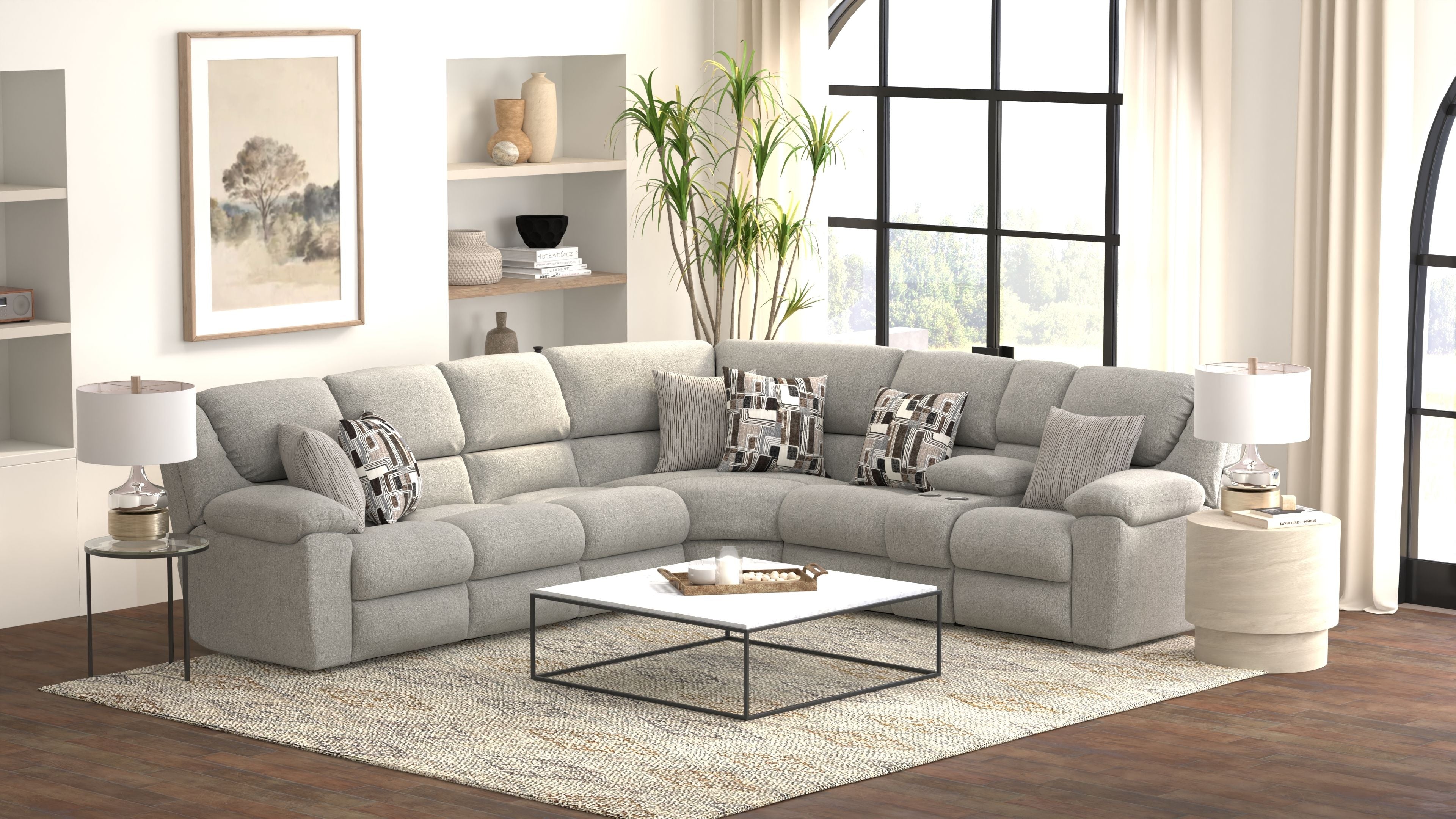 Quinn - 3 Piece Reclining Sectional With 4 Reclining Seats, Storage Arms, Storage Console With Lights, And Drop Down Table - Nature