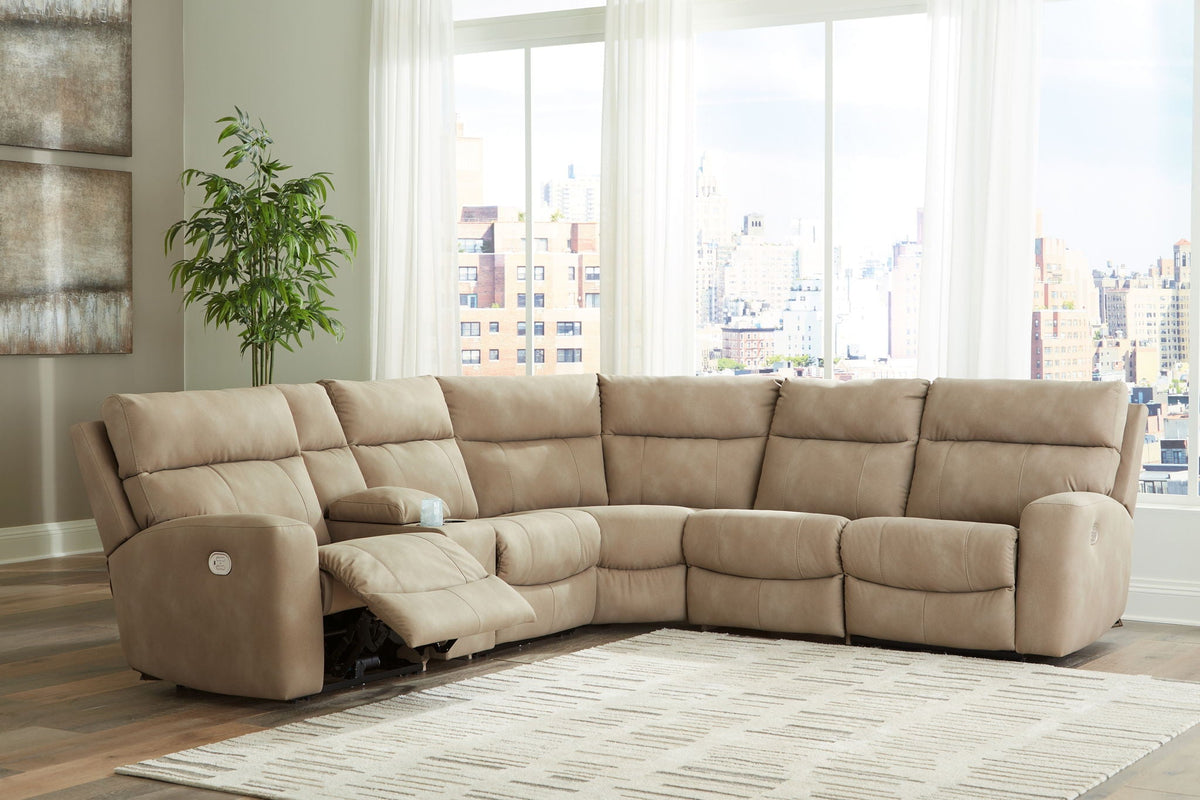 Next-Gen DuraPella Sand 6-piece sectional in a living room with one recliner extended
