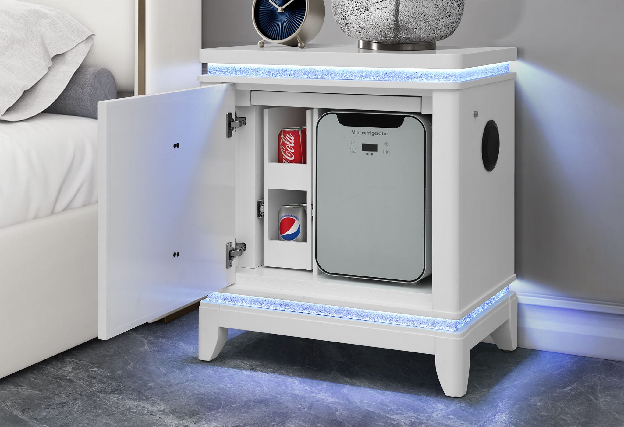 Alina - Nightstand With Cooler, LED, Speaker And USB - White