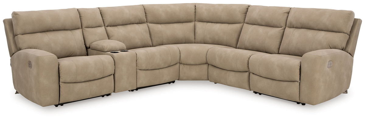 Next-Gen DuraPella Sand 6-piece power reclining sectional with storage console and two cup holders