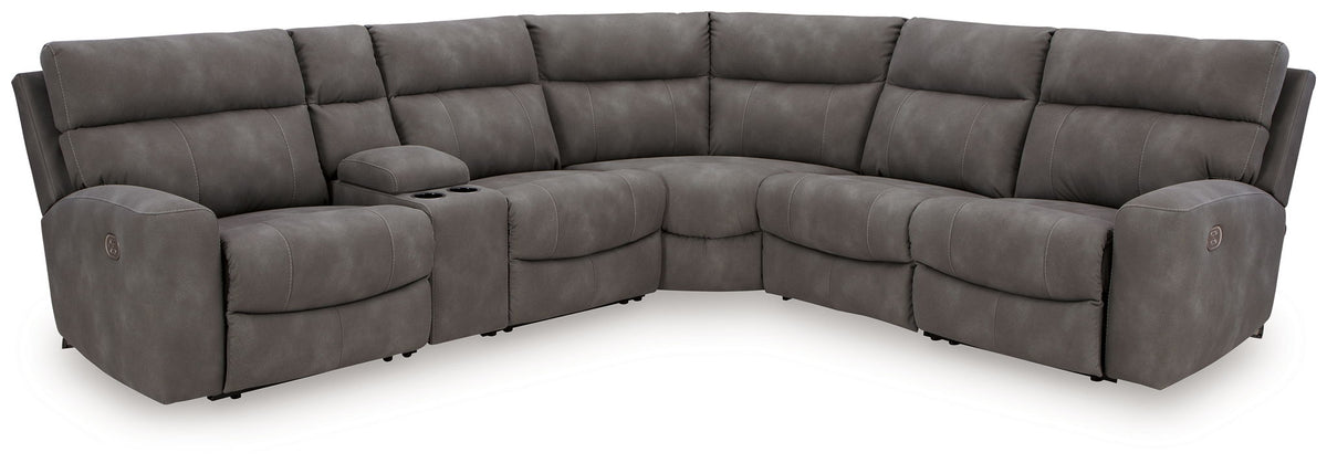 Next-Gen DuraPella Slate 6-piece power reclining sectional with storage console and two cup holders