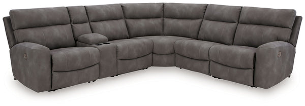 Next-Gen DuraPella Slate 6-piece power reclining sectional with storage console and two cup holders