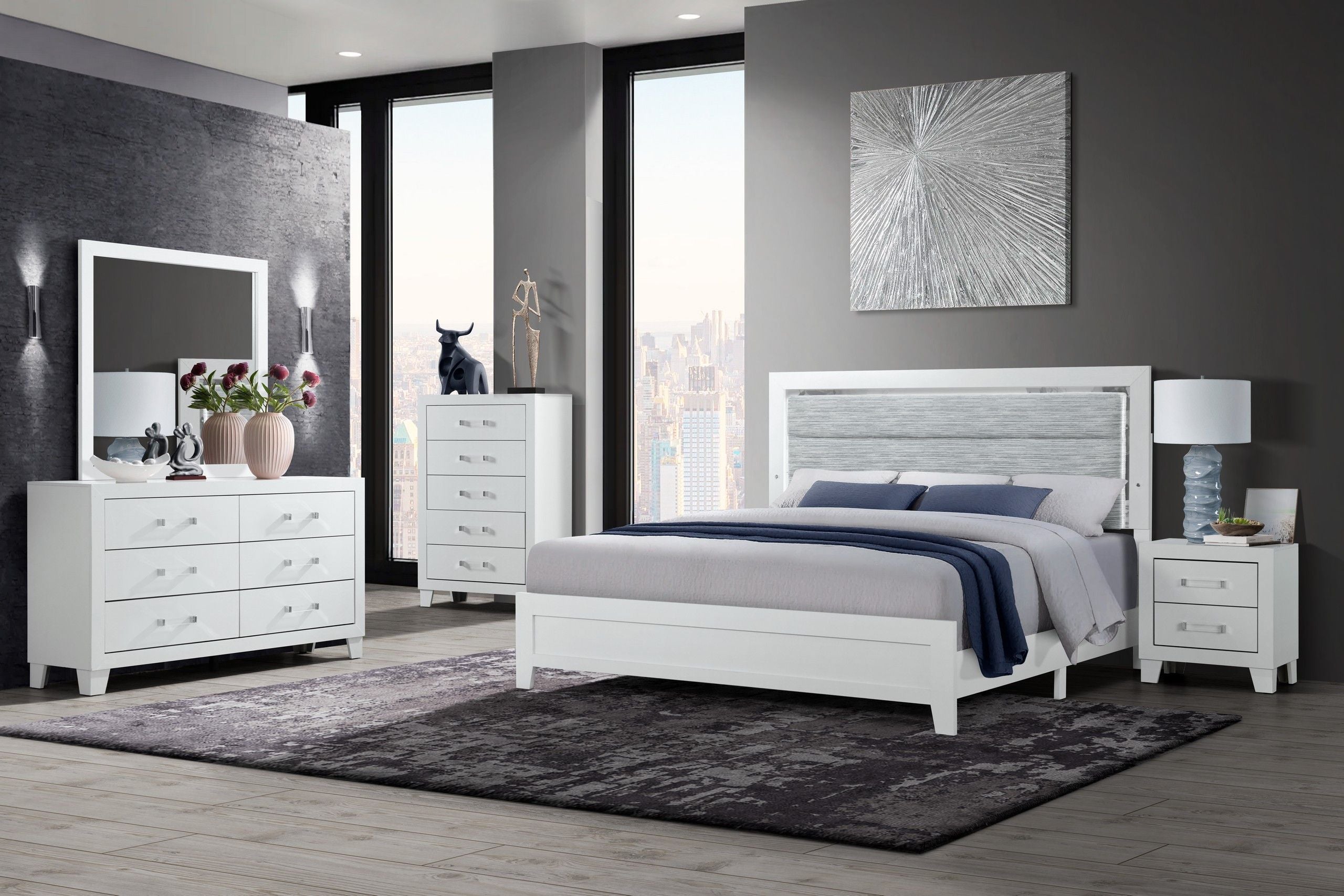 Luccia - 4 Piece King Bedroom Set (King Bed With LED, Dresser, Mirror, Nightstand) - White