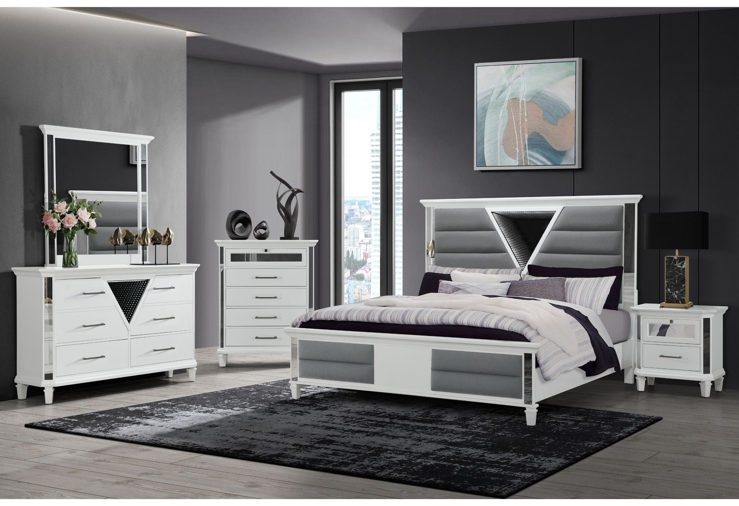 Marco - 5 Piece Full Bedroom Set With LED 3D Mirror - Metallic White