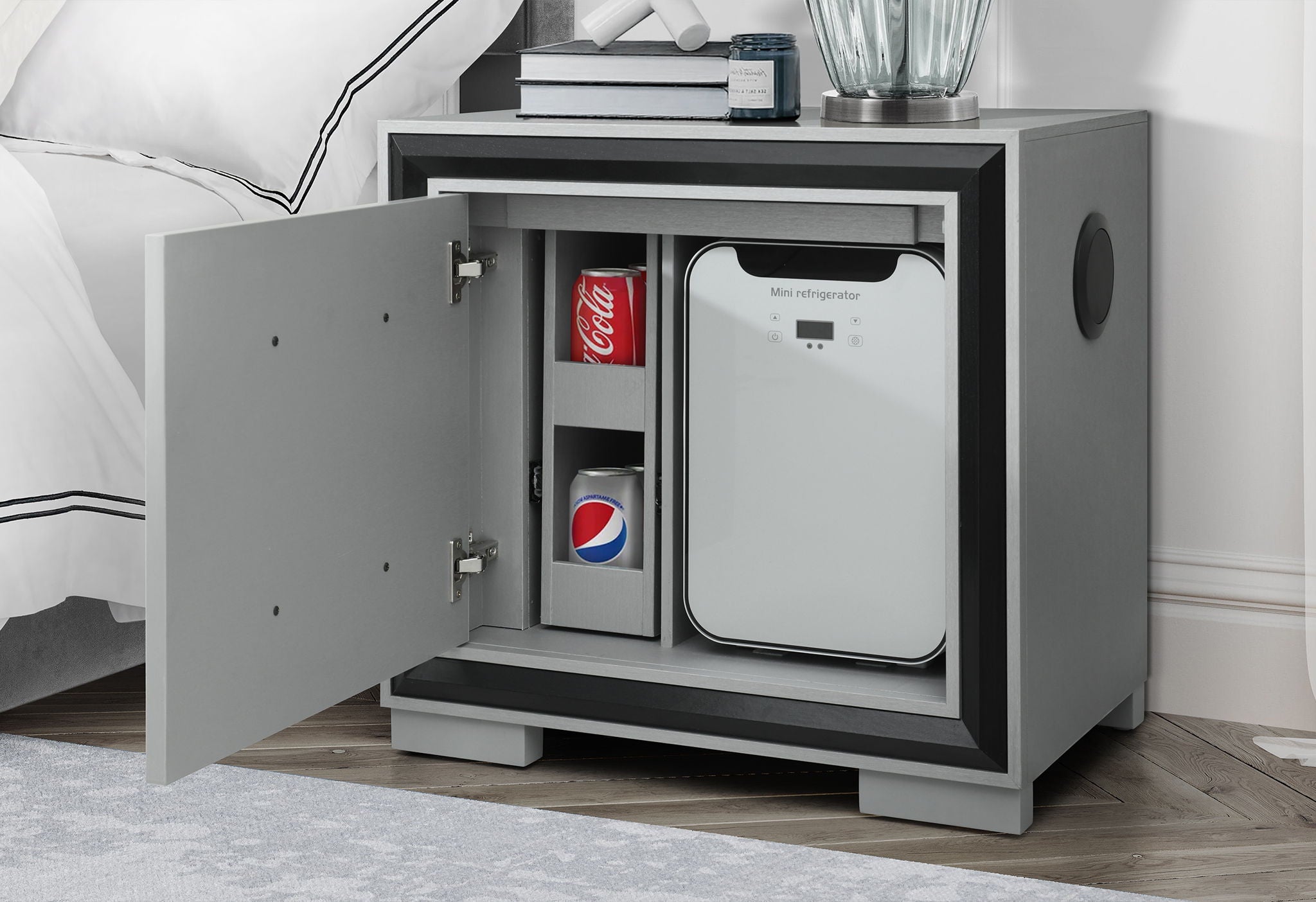 Amelia - Nightstand With Cooler And Speaker - Black / Gray