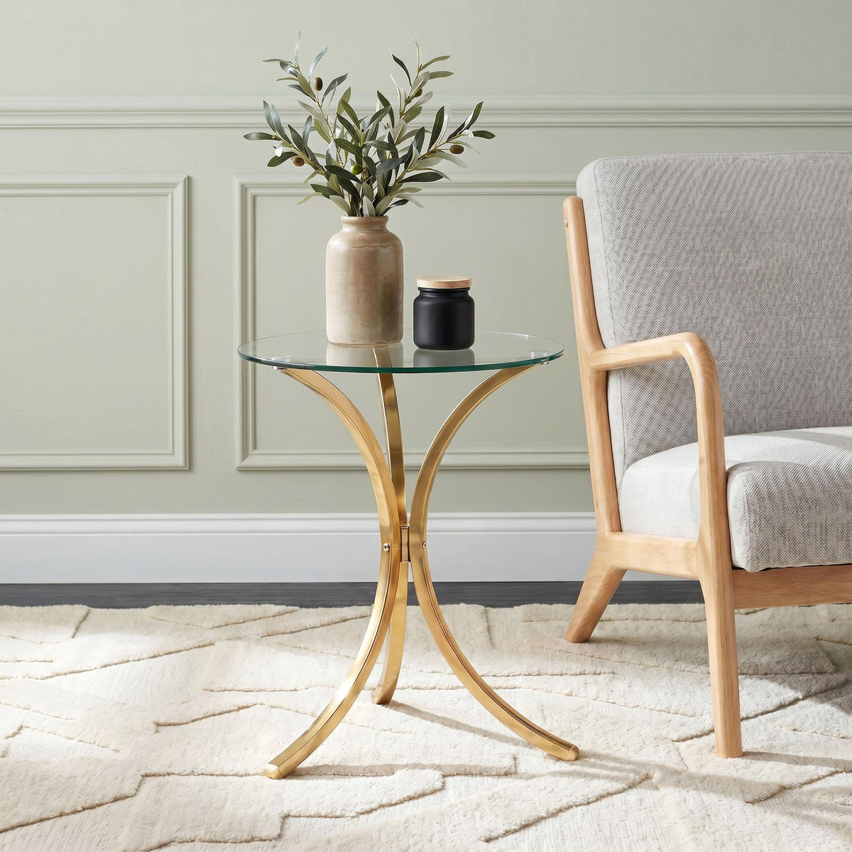 Eloise Round Glass Top Curved Metal Side Table Gold