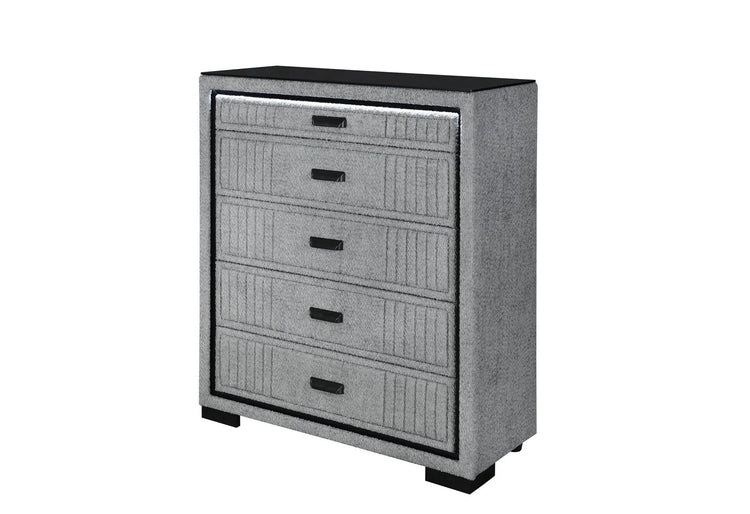 Isabella - 5pc King Complete Bedroom Set (Queen Bed Group With LED, TV Lift, Bluetooth Speaker And Fireplace Crystal) - Gray