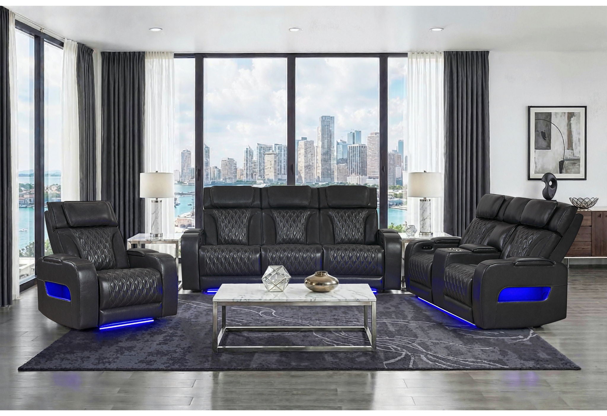 U8611 - Power Reclining Sofa With Power Headrest And LED / Power Console Reclining Loveseat With Power Headrest, LED And Speaker / Power Recliner With Power Headrest And LED - Charcoal