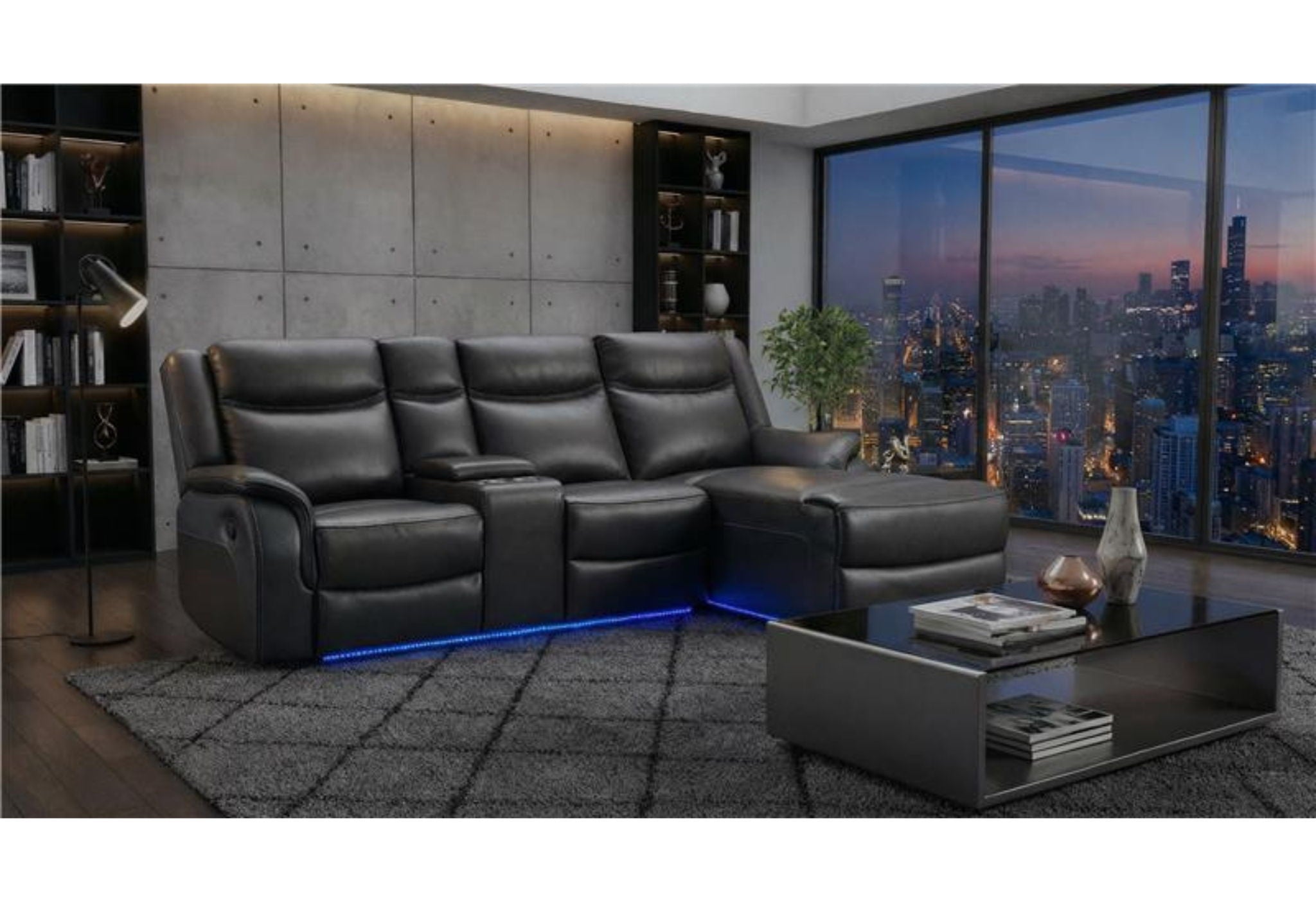 U1818 - Sectional With Pushback Chaise, Multi-Color LED And Immersive Sound - Charcoal / Dark Gray