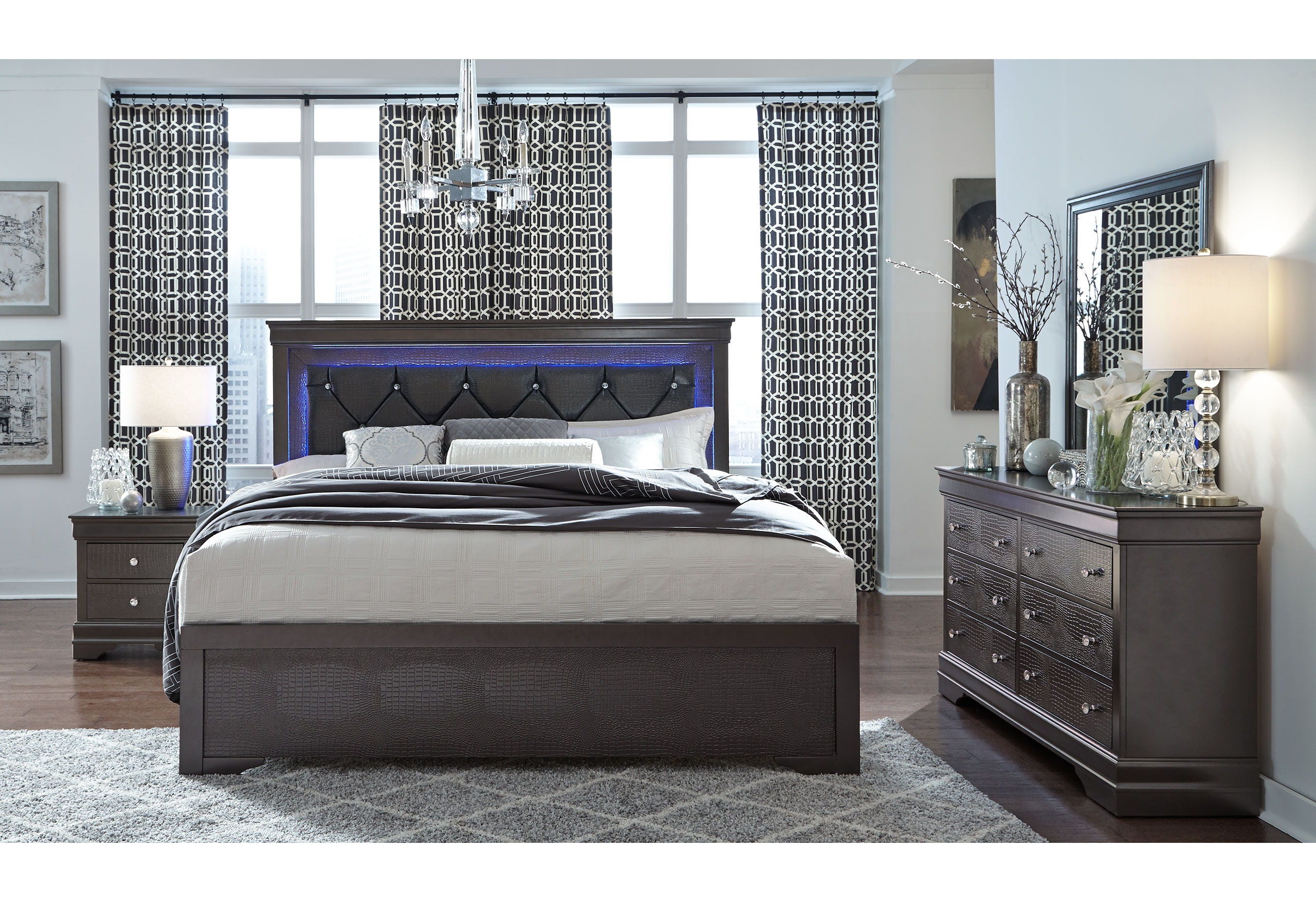 Pompei - 4 Piece Queen Bedroom Set (Queen Bed With LED, Dresser, Mirror And Nightstand) - Gray