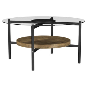 Coaster Fine Furniture - Delfin - Round Glass Top Coffee Table With Shelf - Black / Brown - 5th Avenue Furniture