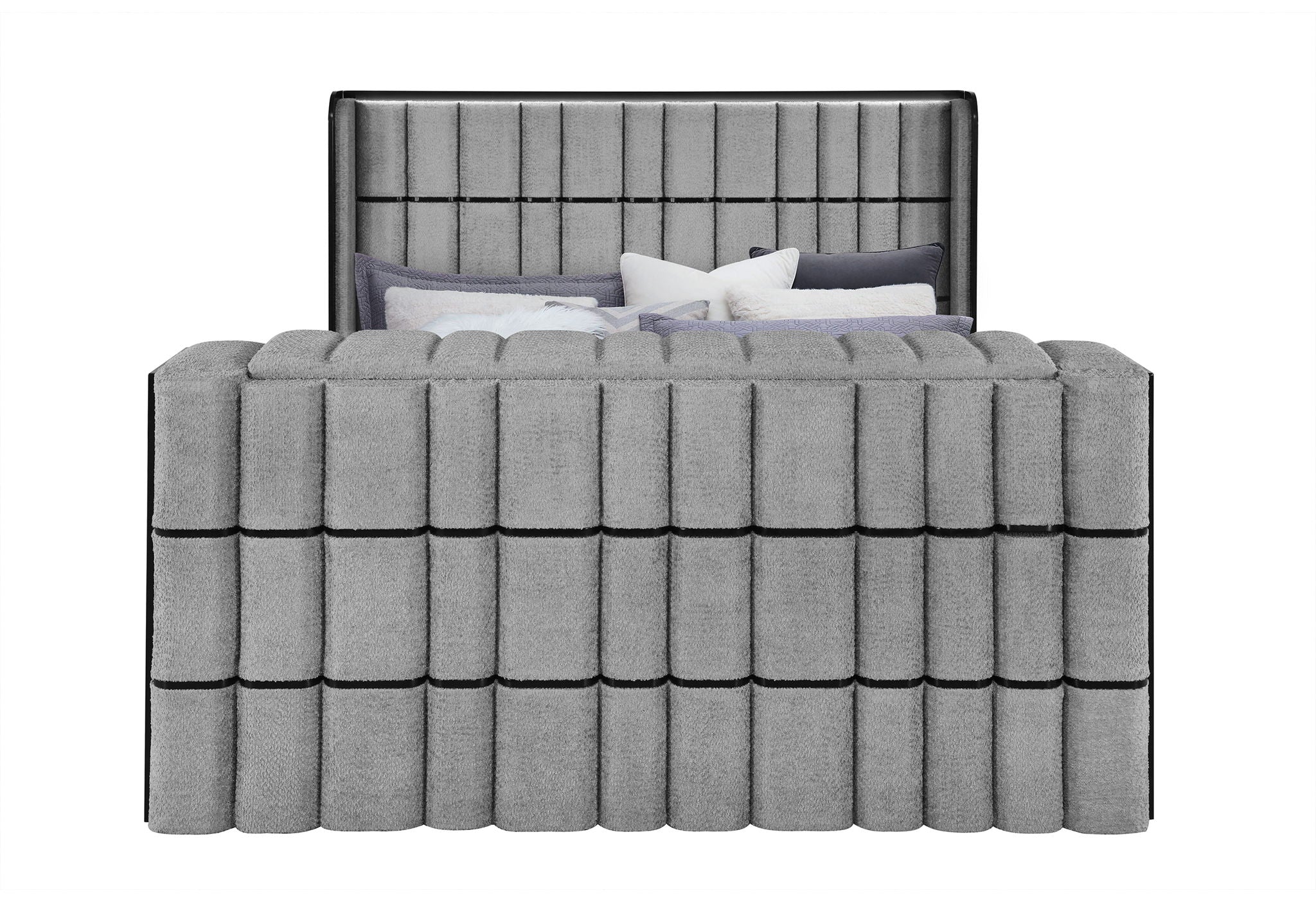 Isabella - King Upholstered Bed With LED, TV Lift, Bluetooth Speaker And Firpeplace Crystal - Gray