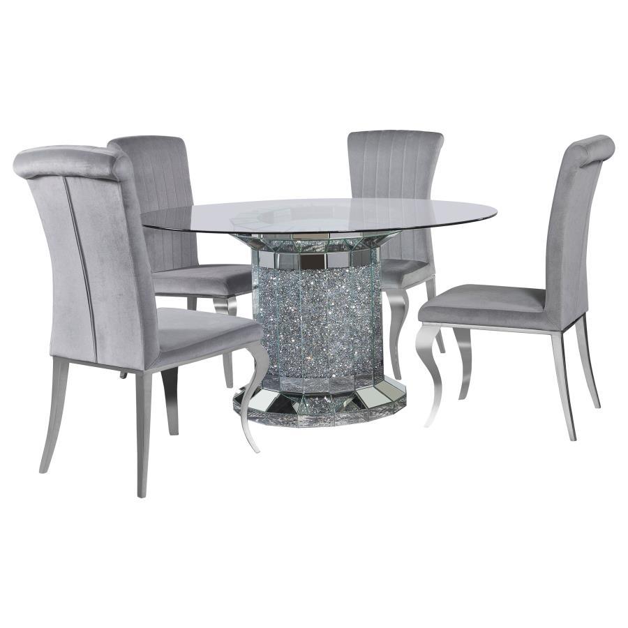 CoasterElevations - Ellie - 5 Piece Cylinder Pedestal Dining Room Set - Mirror And Gray - 5th Avenue Furniture