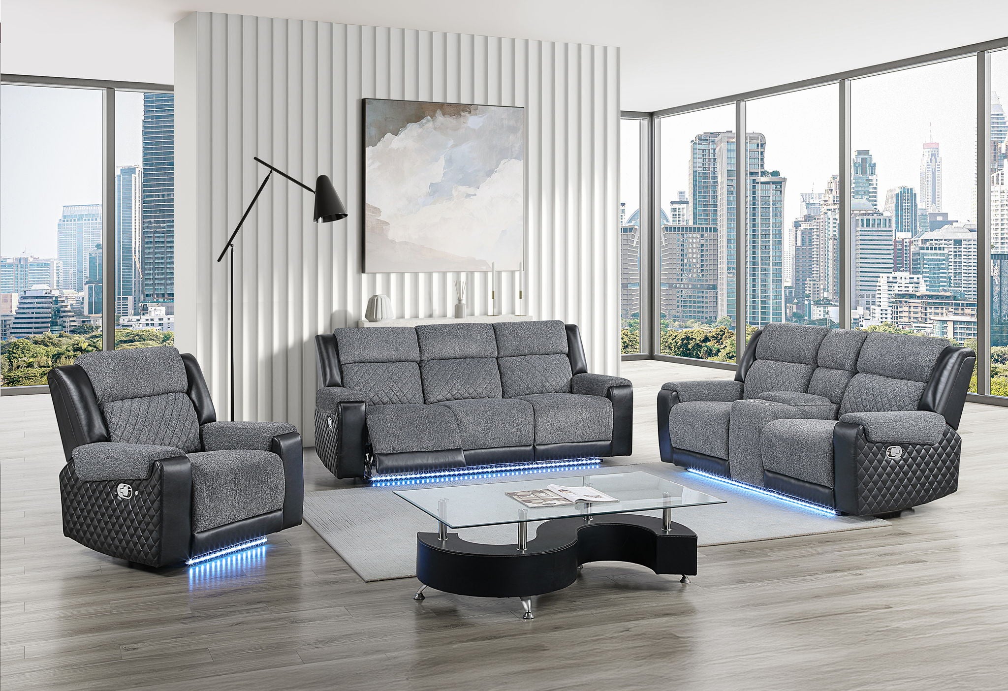 U5914/U5915 - Reclining Sofa, Console Reclining Loveseat With Immersive Sound, Blue LED And Recliner - Black / Gray
