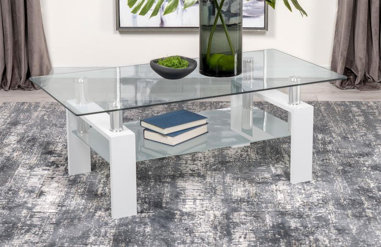 Coaster Fine Furniture - Dyer - Rectangular Glass Top Coffee Table With Shelf - White - 5th Avenue Furniture