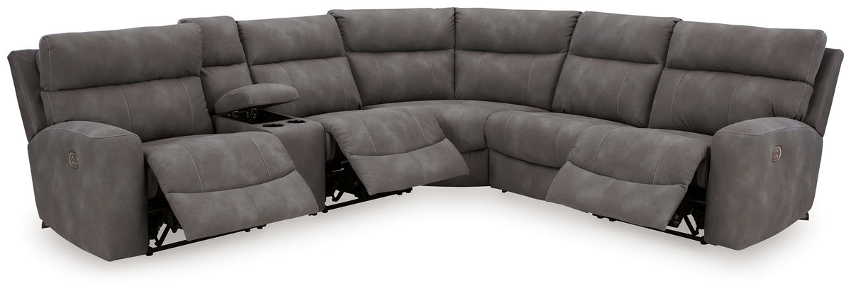 Next-Gen DuraPella Slate 6-piece sectional with all three reclining footrests extended