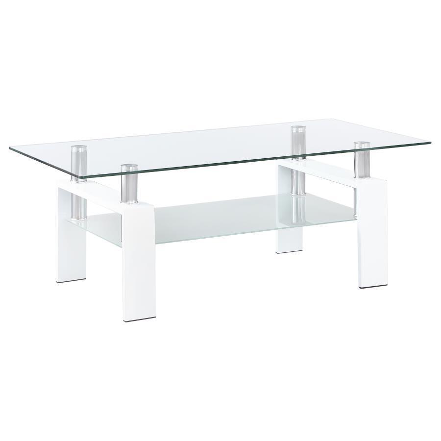 Coaster Fine Furniture - Dyer - Rectangular Glass Top Coffee Table With Shelf - White - 5th Avenue Furniture