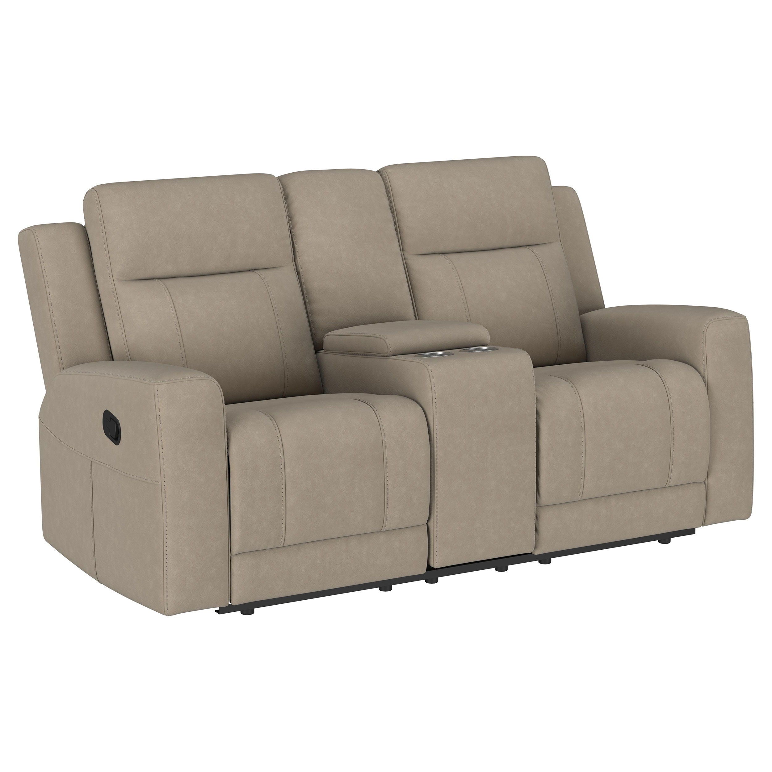 Coaster Fine Furniture - Brentwood - Upholstered Motion Reclining Loveseat With Console - Taupe - 5th Avenue Furniture
