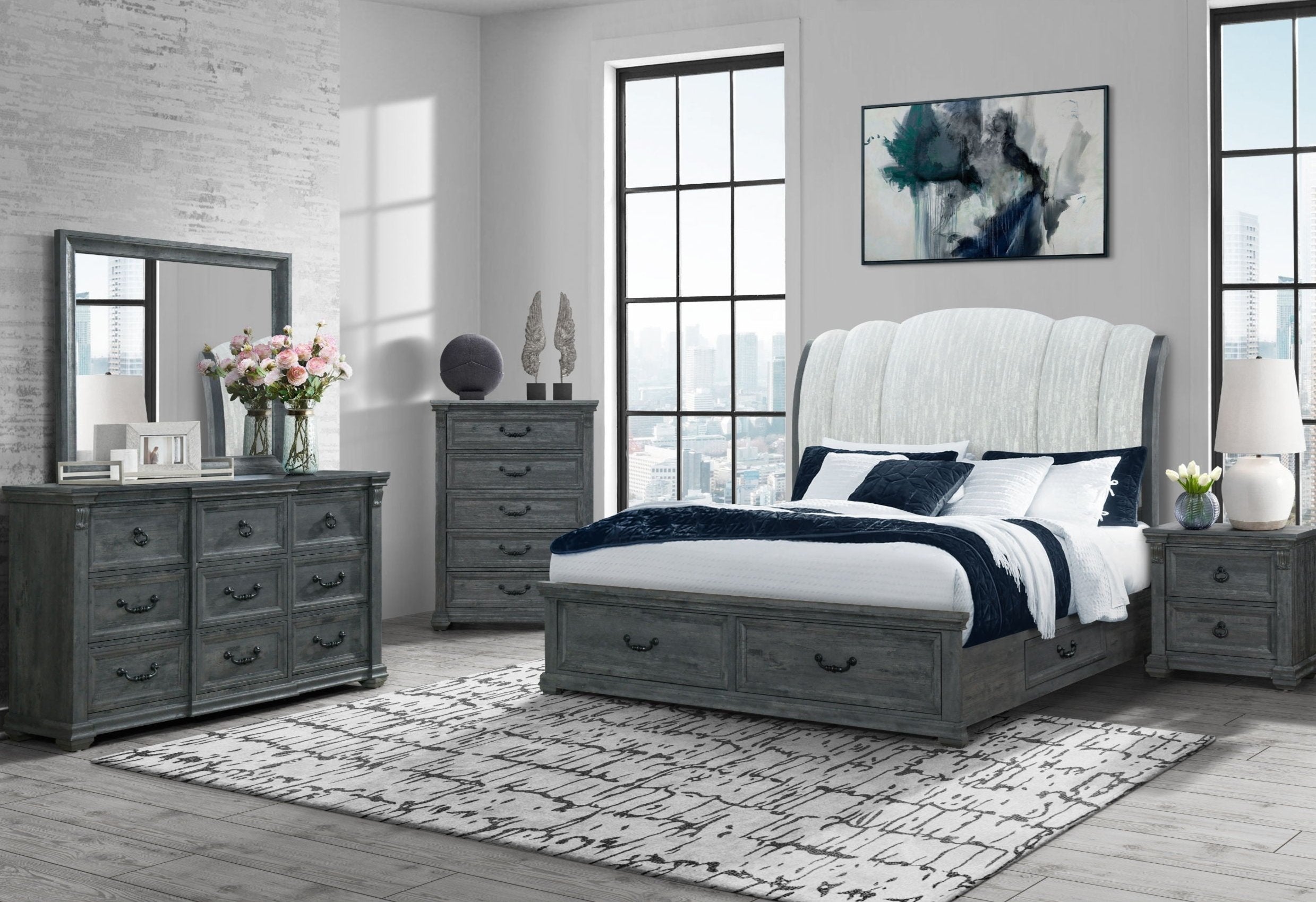 Rowan - 7pc Storage Bedroom Set - Gray