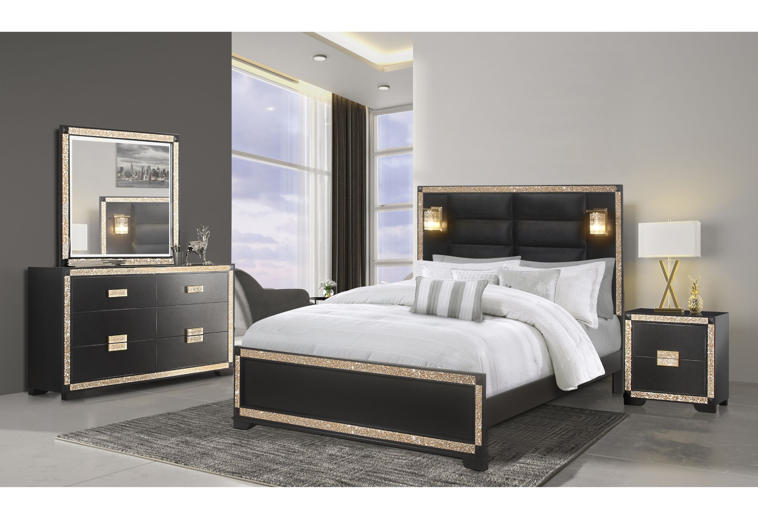 black bedroom dresser sets Blake Black/Gold Full Bed Group With Lamps