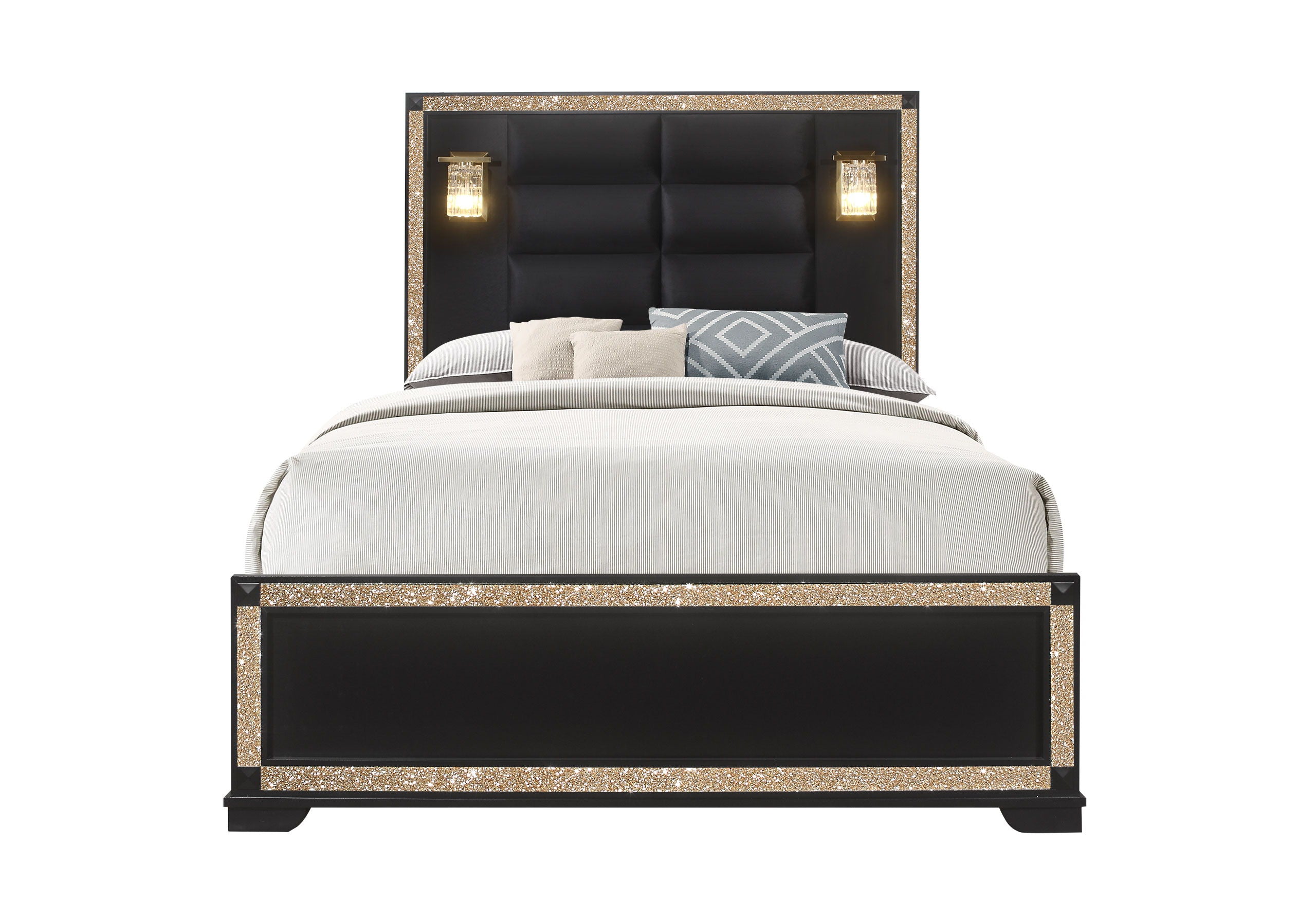 Blake - Queen Bed With Lamps - Black / Gold