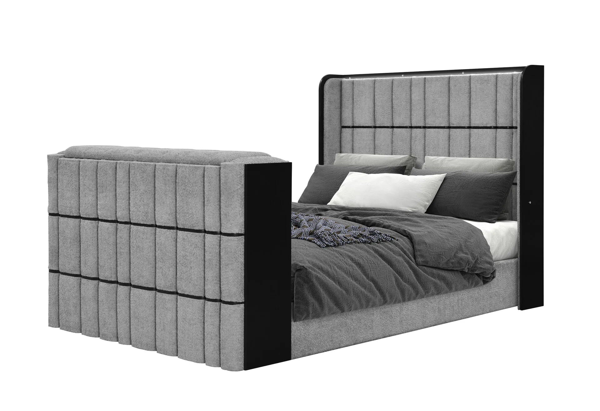 Isabella - 5pc King Complete Bedroom Set (Queen Bed Group With LED, TV Lift, Bluetooth Speaker And Fireplace Crystal) - Gray