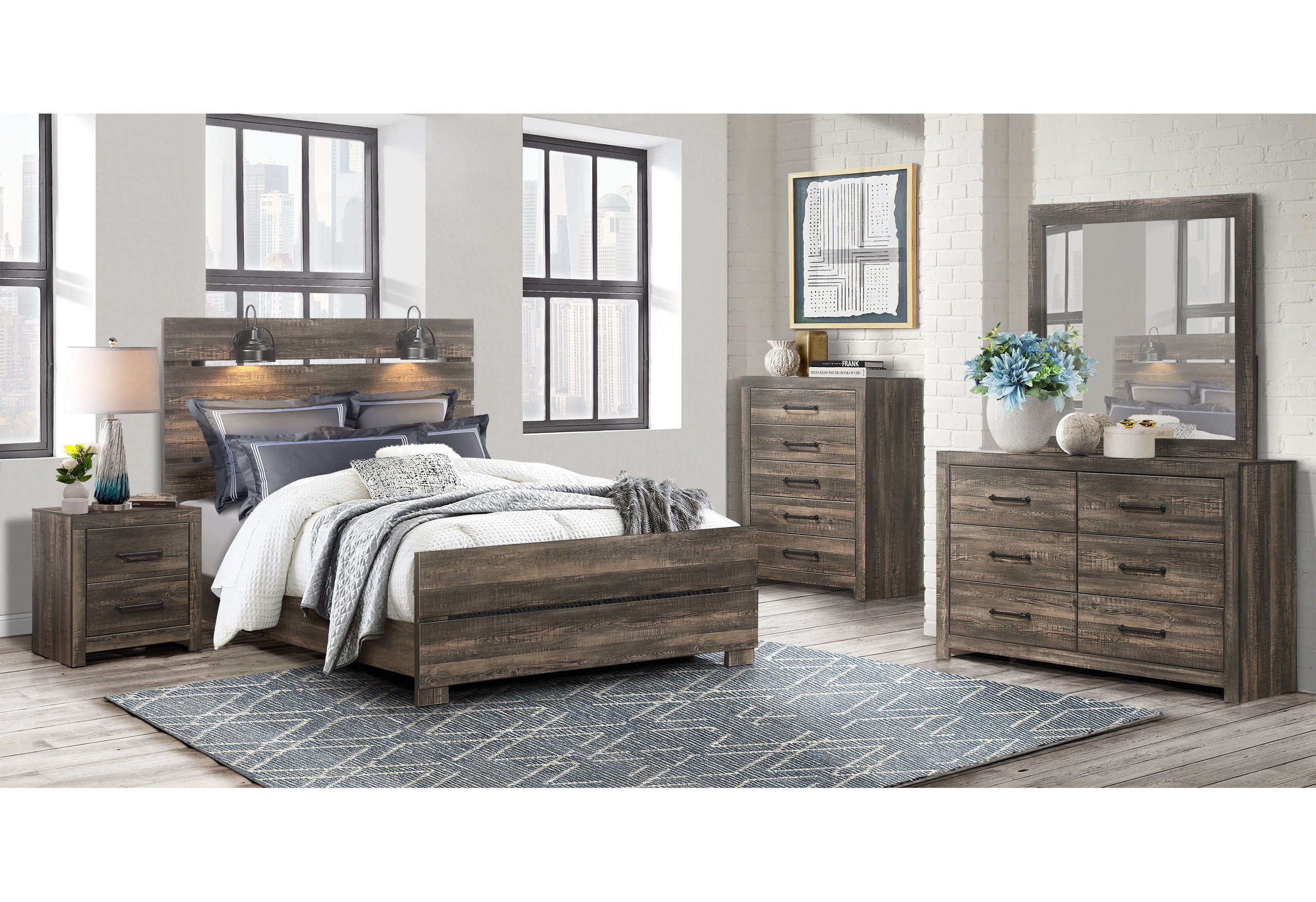 Linwood - 5 Piece Queen Bedroom Set With Lamps - Dark Oak