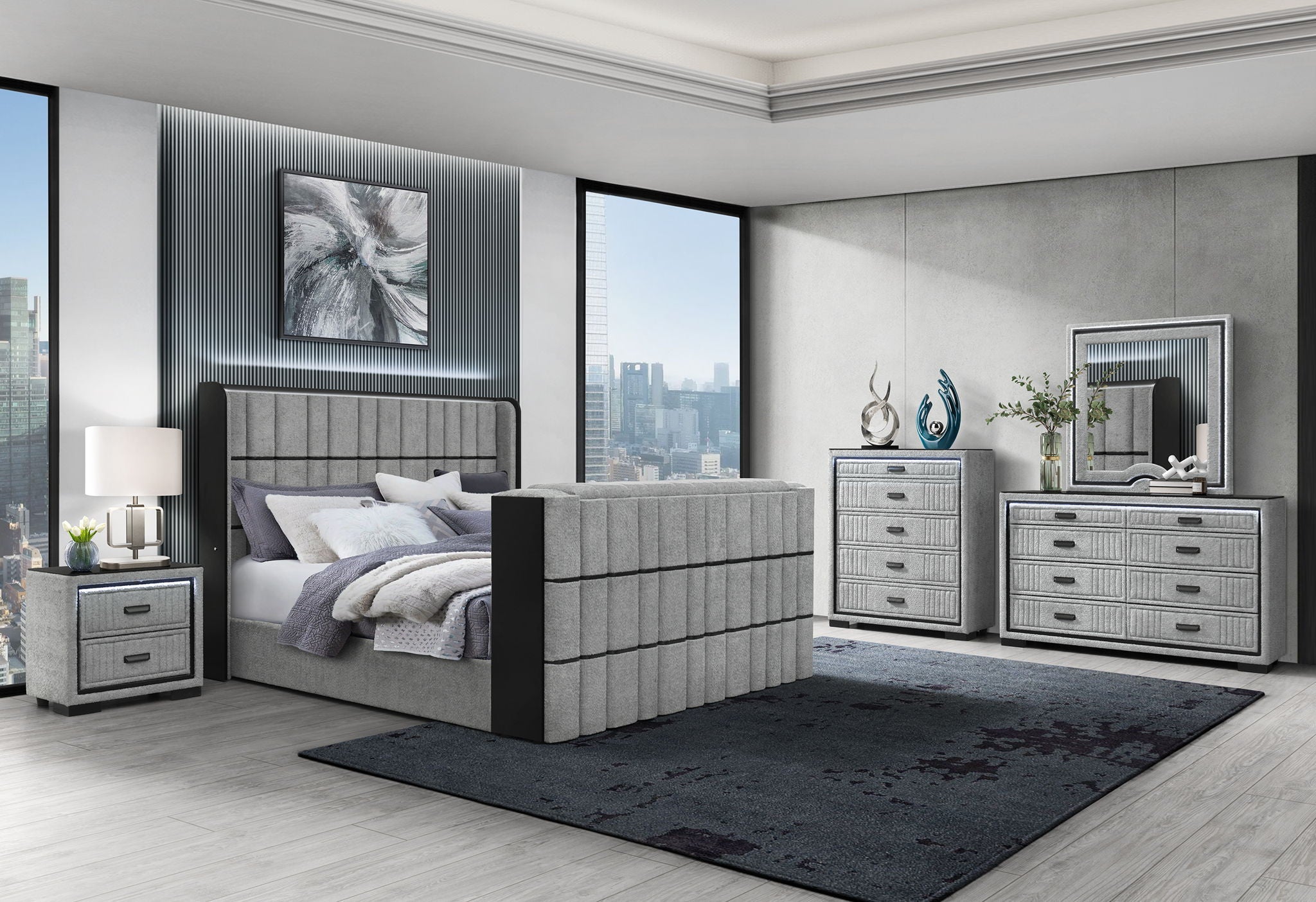 Isabella - 5pc King Complete Bedroom Set (Queen Bed Group With LED, TV Lift, Bluetooth Speaker And Fireplace Crystal) - Gray