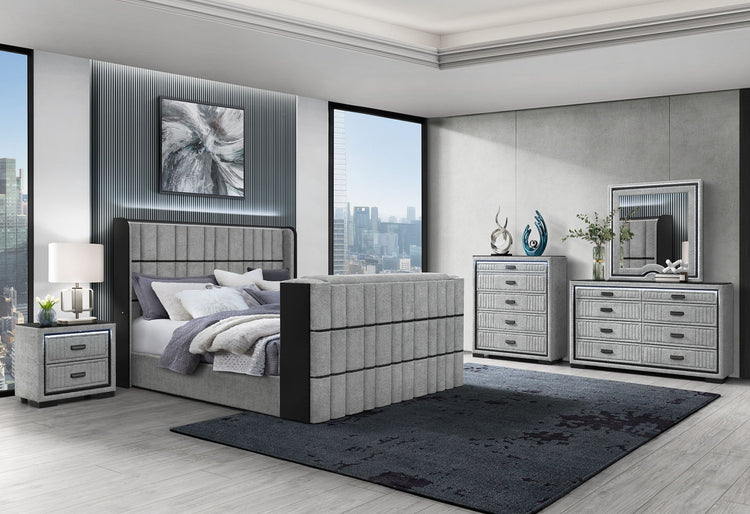 Isabella - 5pc King Complete Bedroom Set (Queen Bed Group With LED, TV Lift, Bluetooth Speaker And Fireplace Crystal) - Gray