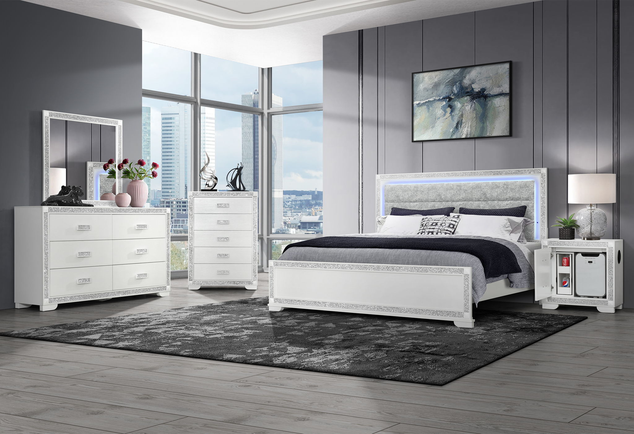 Soleil - 5 Piece Queen Bedroom Set With Cooler And Speaker - White