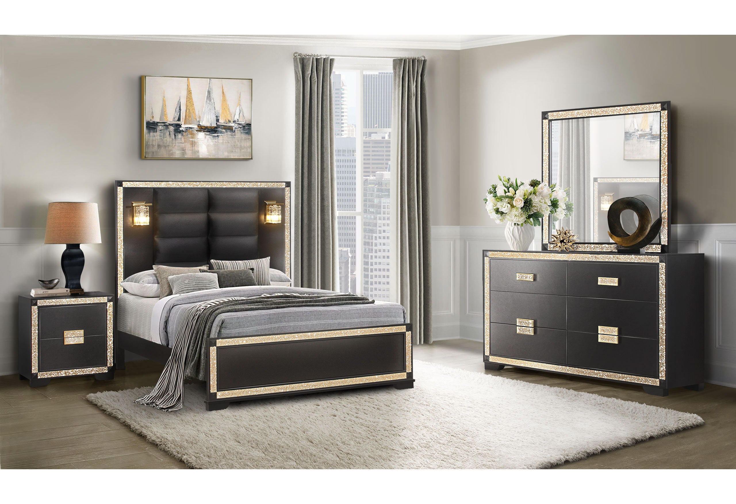 Blake BLACK/GOLD King Bed With Lamps, Dresser, Mirror, Nightstand Blake BLACK/GOLD King Bed With Lamps, Dresser, Mirror, Nightstand
