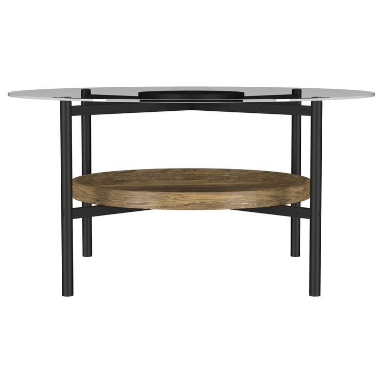 Coaster Fine Furniture - Delfin - Round Glass Top Coffee Table With Shelf - Black / Brown - 5th Avenue Furniture