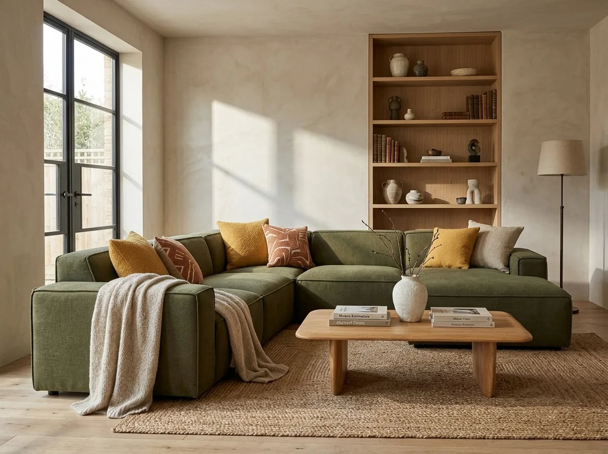 A warm, styled living room furnished by 5th Avenue Furniture &amp; Mattresses