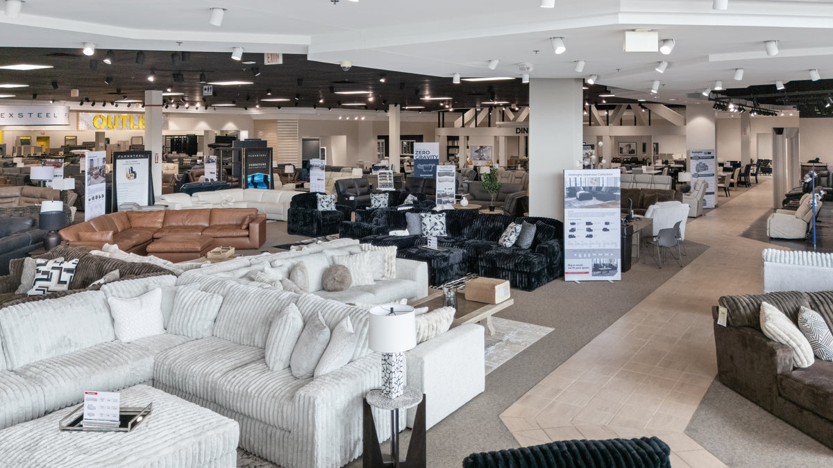 Living room furniture displays inside the 70,000-square-foot Southfield showroom at 5th Avenue Furniture