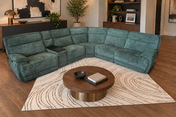 Tribeca Jade 6-piece power reclining sectional upright in a warm living room